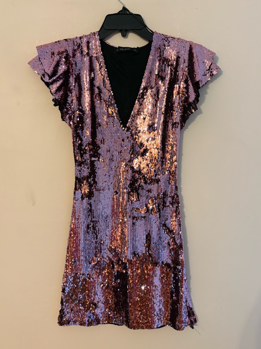 ZARA Sequin V-Neck Mini Dress in Iridescent Purple/Bronze